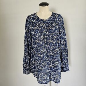 NWT Talbots Cotton Floral Blue Peasant Boho Lightweight Summer Longsleeve Shirt